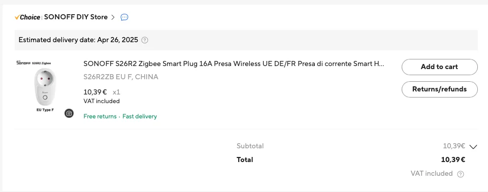Ricevuta acquisto Sonoff S26R2ZB su AliExpress