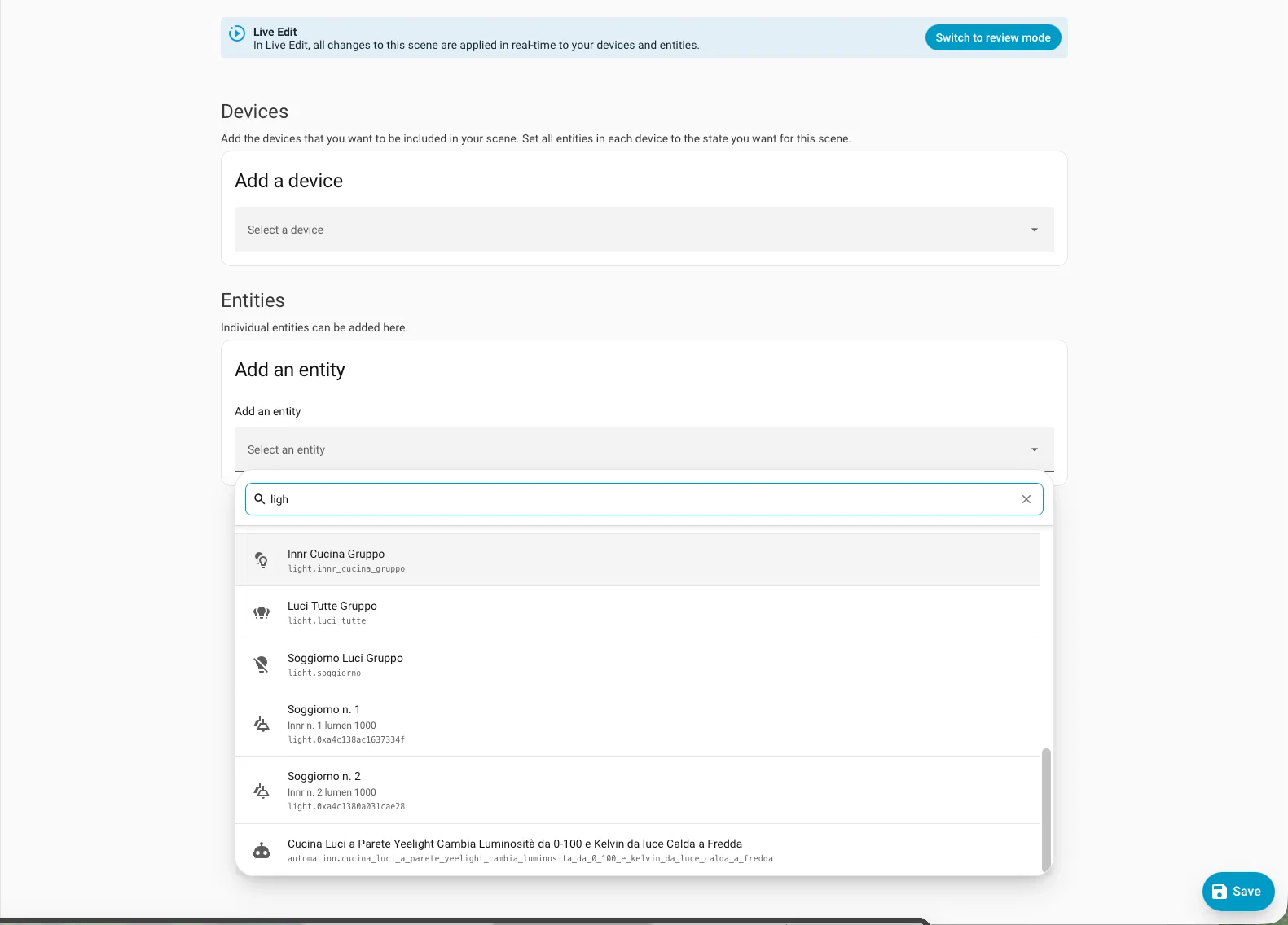 Aggiunta entità a una scena in Home Assistant