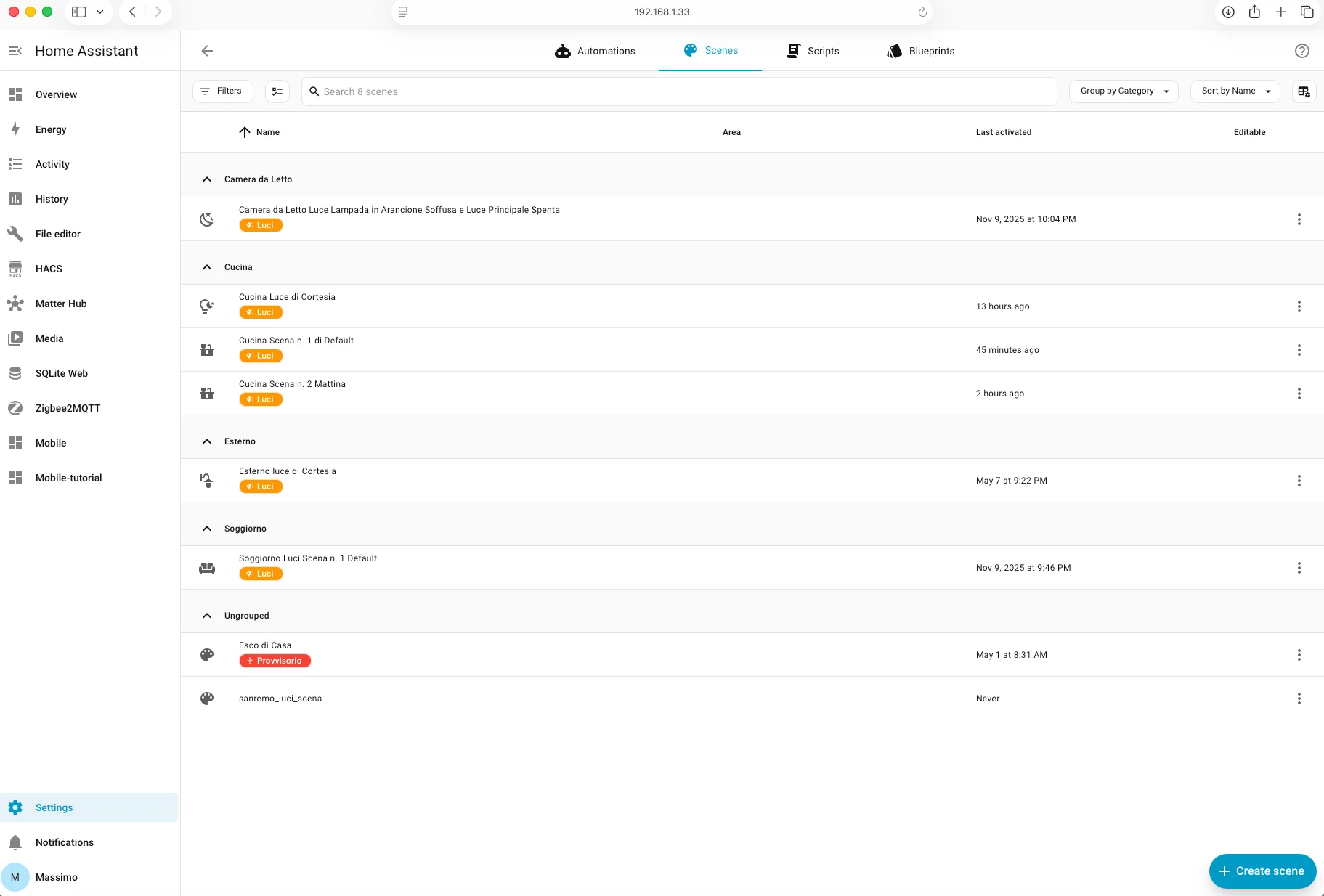 La lista delle scene in Home Assistant