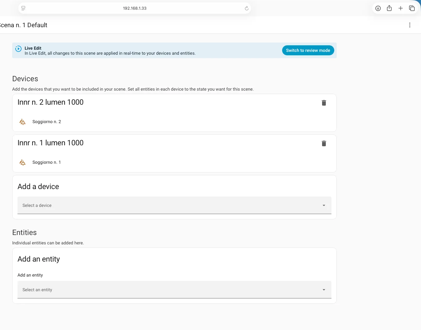 Modalità modifica dell'editor scene di Home Assistant
