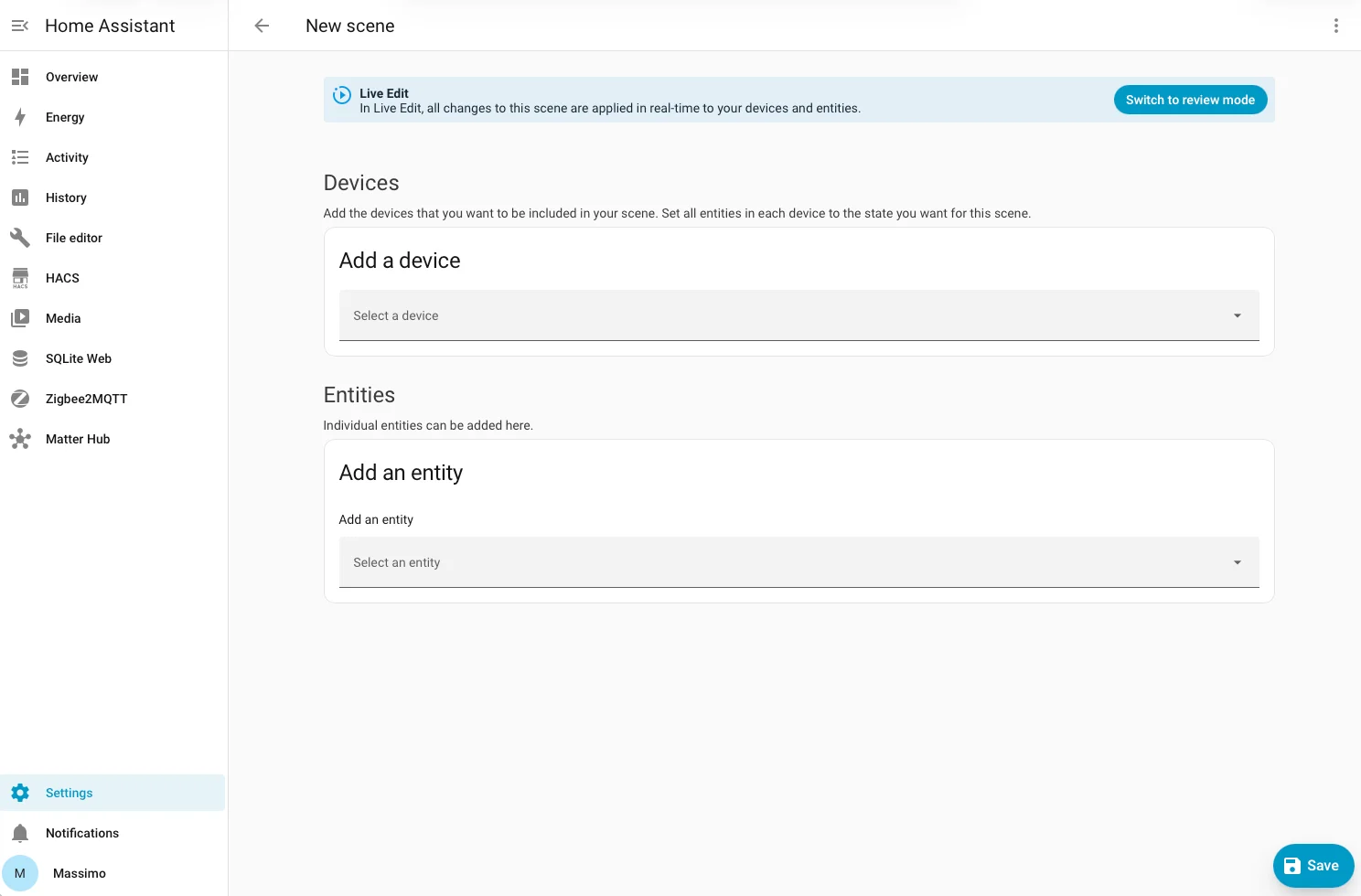 Editor di una nuova scena vuota in Home Assistant, con le sezioni Devices ed Entities