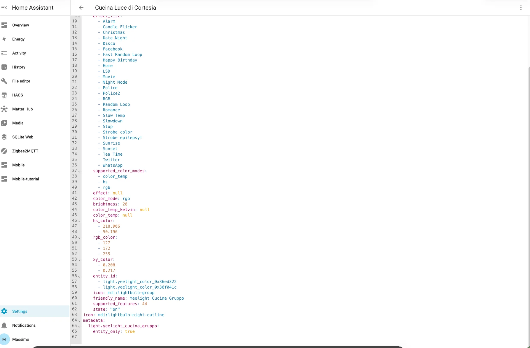 Codice YAML di una scena Home Assistant