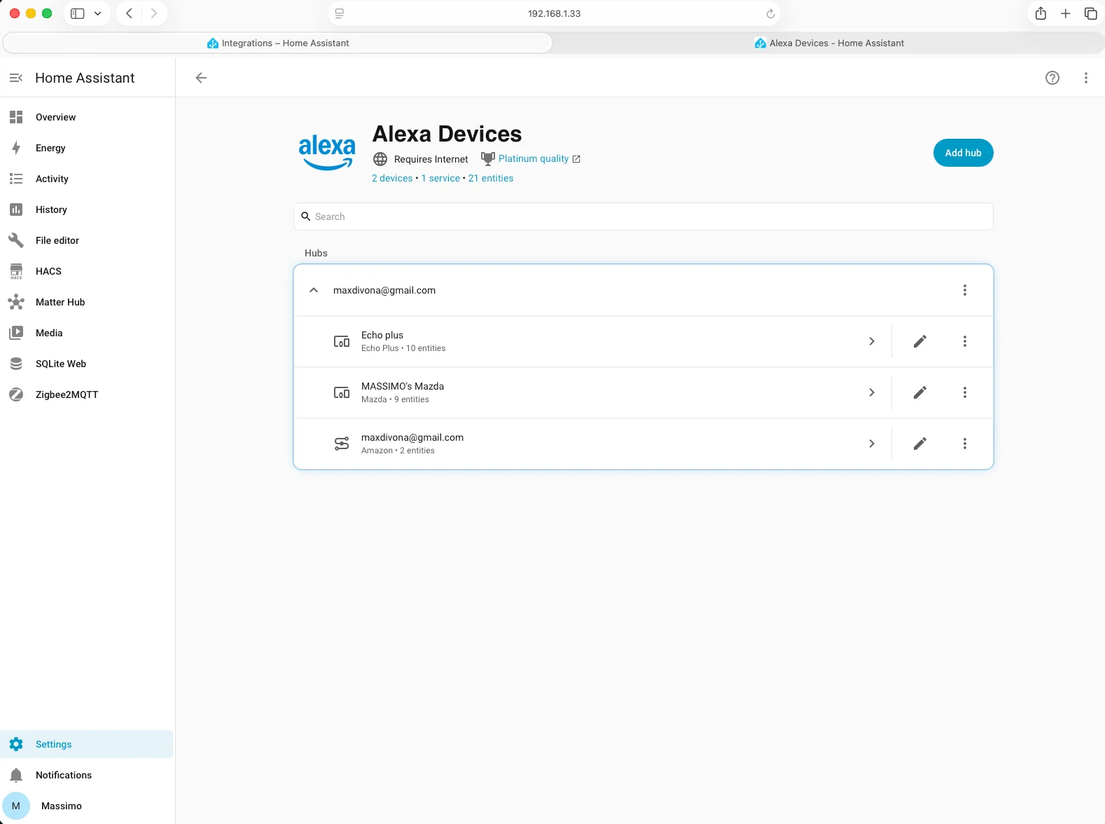 Dispositivi Echo rilevati dall'integrazione Alexa Devices
