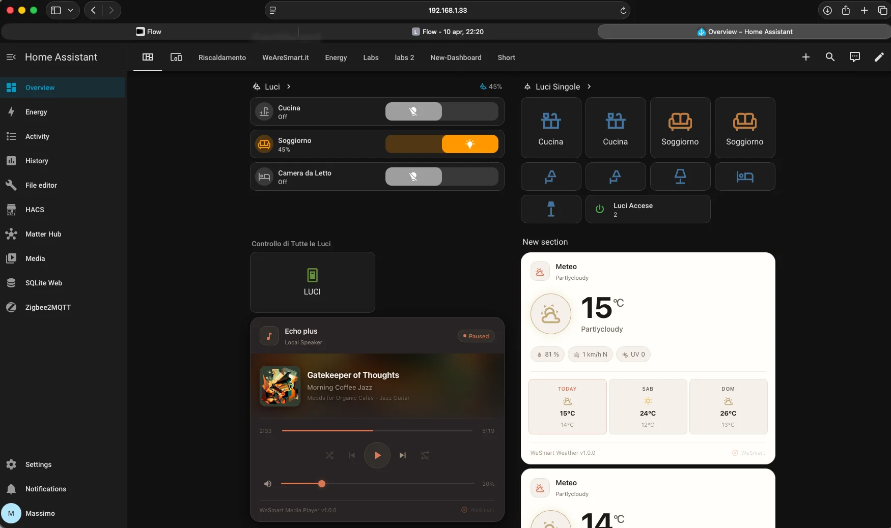 Schermata controllo luci e musica da dashboard Lovelace di Home Assistant