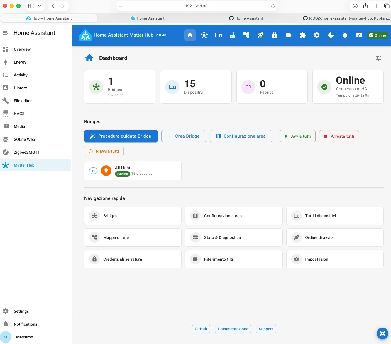 Schermata finale con il bridge Matter Hub creato