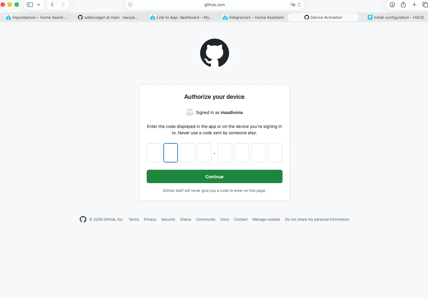 Pagina GitHub 'Authorize your device': inserimento codice HACS per collegare il dispositivo