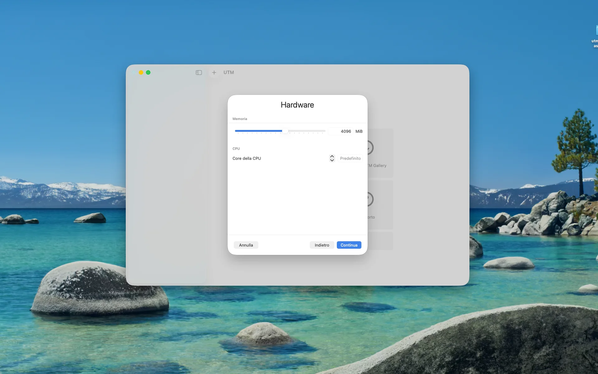 Schermata Hardware di UTM con Memoria impostata a 4096 MiB e Core della CPU su Predefinito