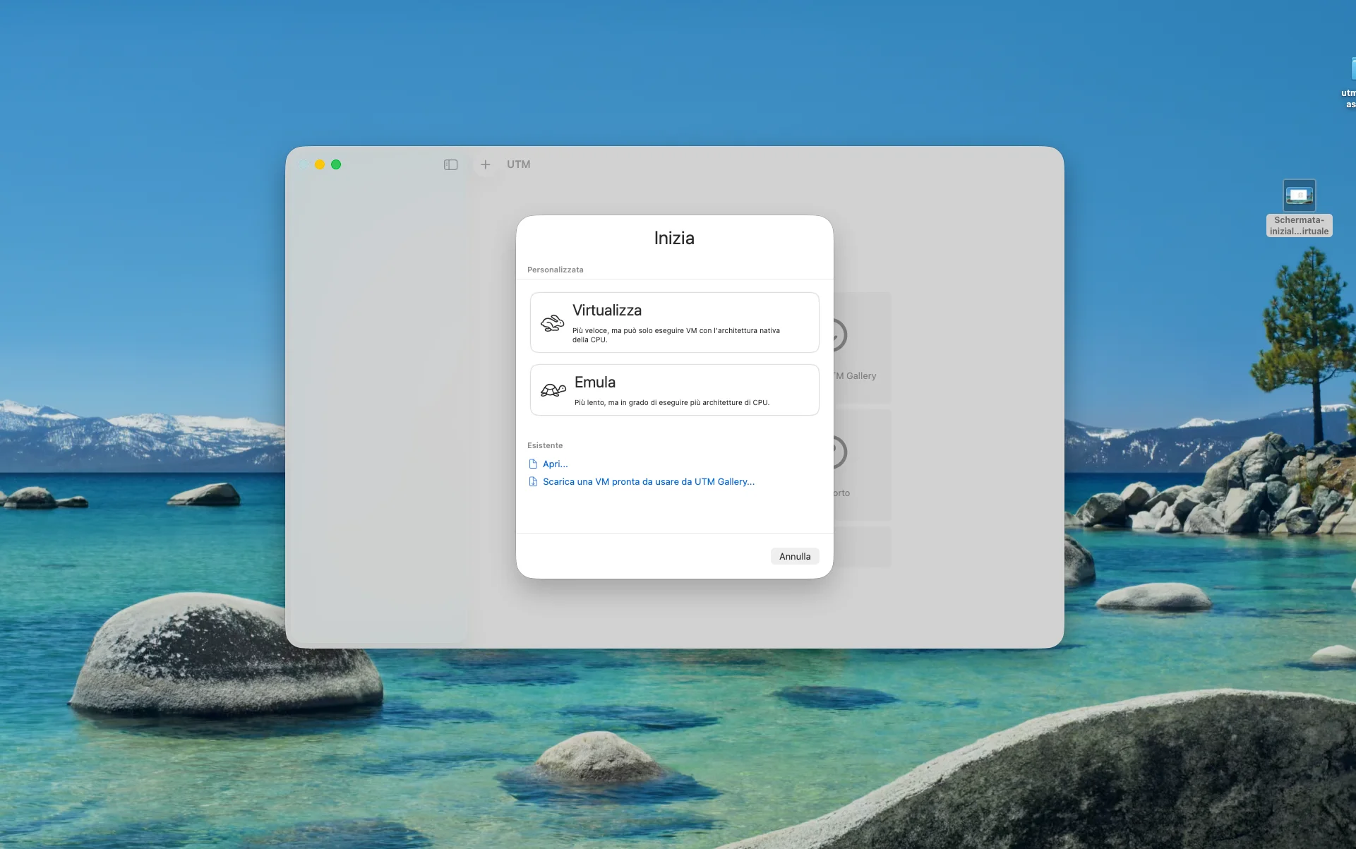 Finestra UTM con la scelta tra Virtualizza ed Emula — selezionare Virtualizza per Apple Silicon