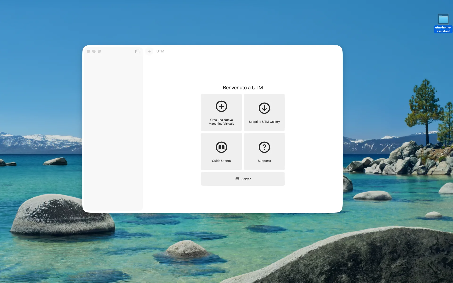 Schermata iniziale di UTM su Mac con le opzioni Crea una Nuova Macchina Virtuale, UTM Gallery, Guida Utente e Supporto