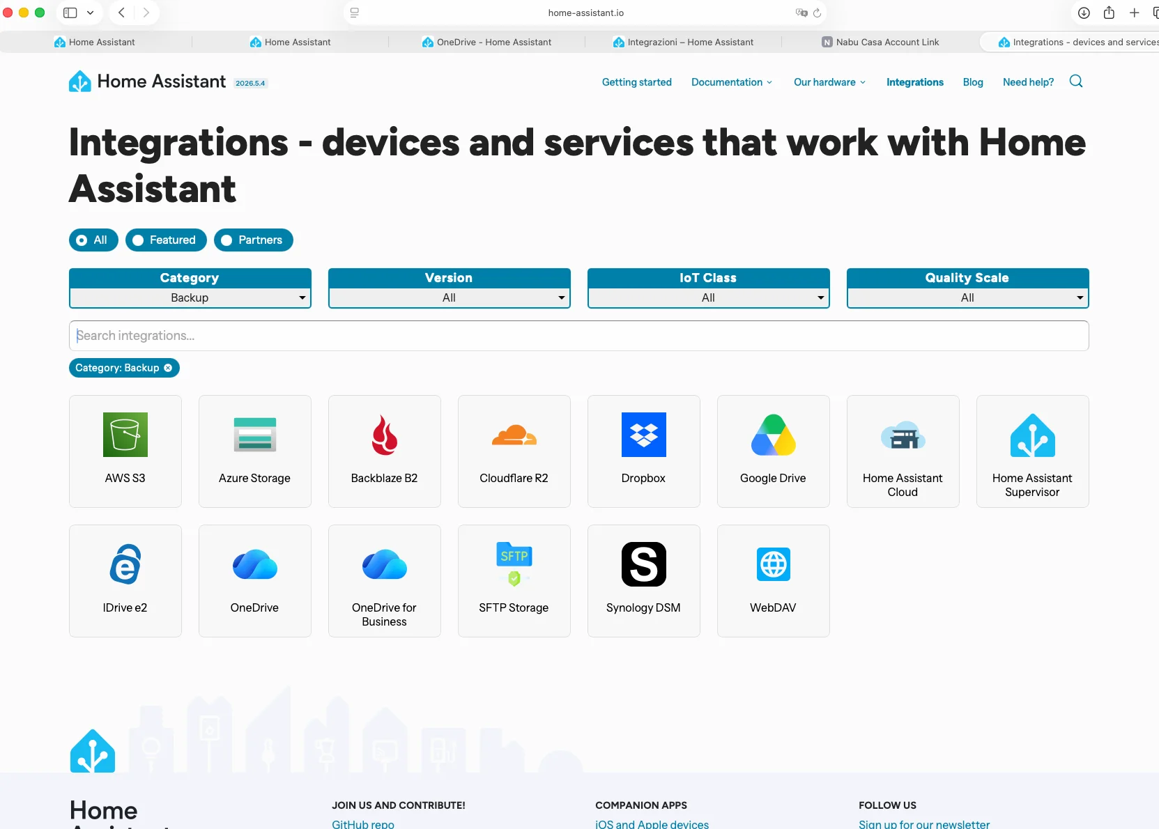 Schermata di aggiunta integrazione con OneDrive selezionato dall'elenco
