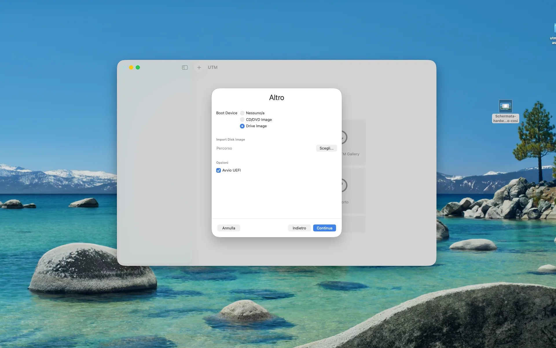 Finestra UTM con la selezione Boot Device impostata su Drive Image e la casella Avvio UEFI spuntata