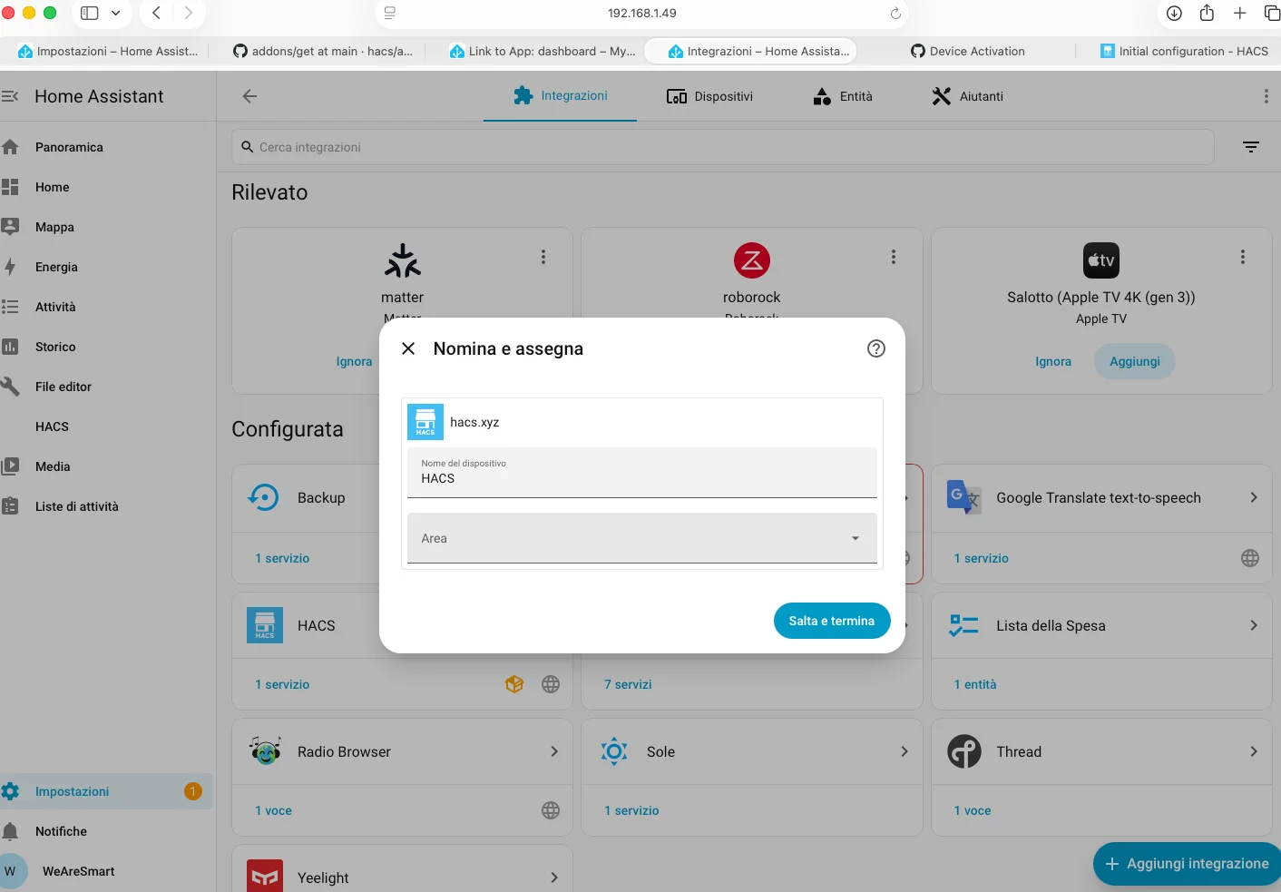 Schermata 'Nomina e assegna' HACS in Home Assistant con campo Area opzionale