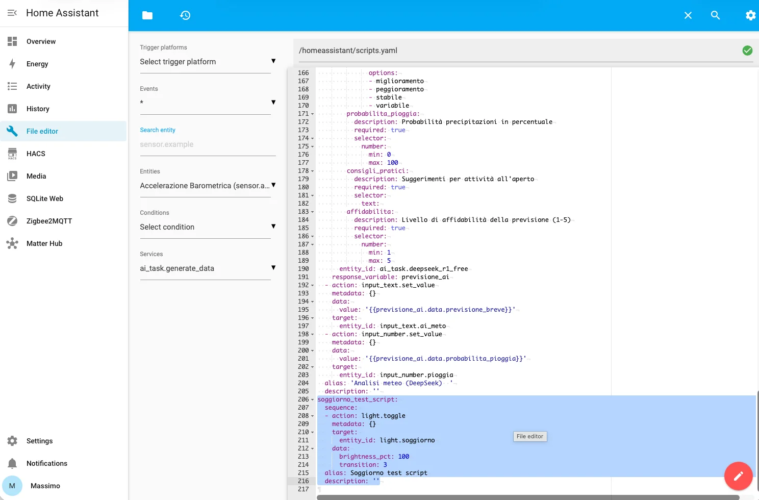 Il codice YAML generato automaticamente dallo script, visibile in modalità Modifica in YAML