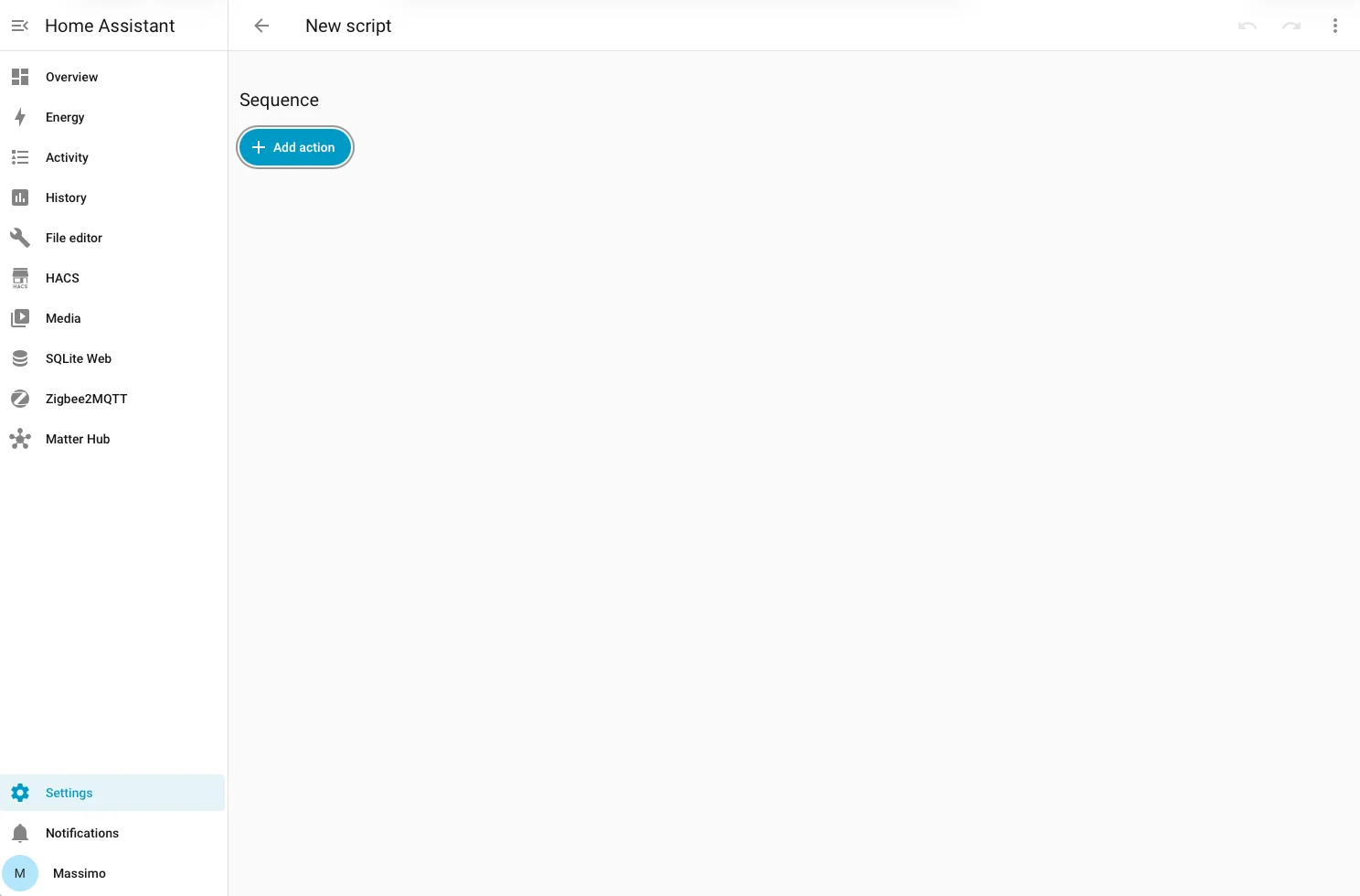 Editor di un nuovo script vuoto in Home Assistant, con solo la sezione Sequence