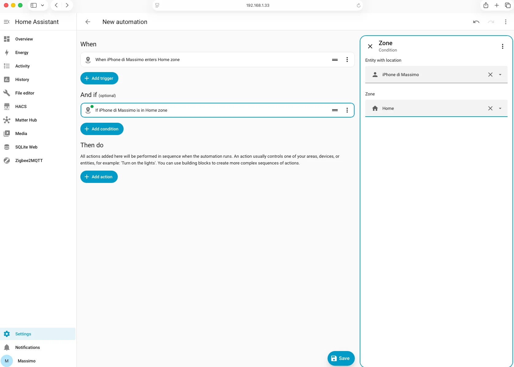 Editor automazioni Home Assistant 2026.6 con trigger zona e condition zone su iPhone di Massimo