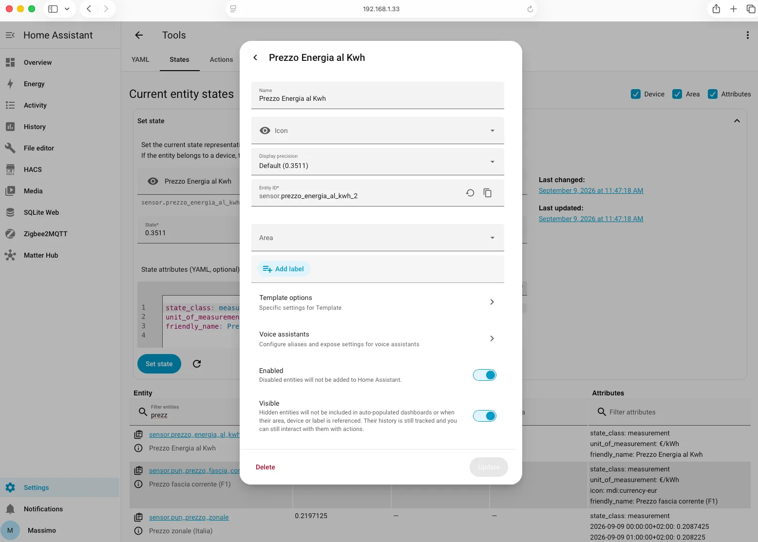 Sensore template con il prezzo reale al kWh in Home Assistant