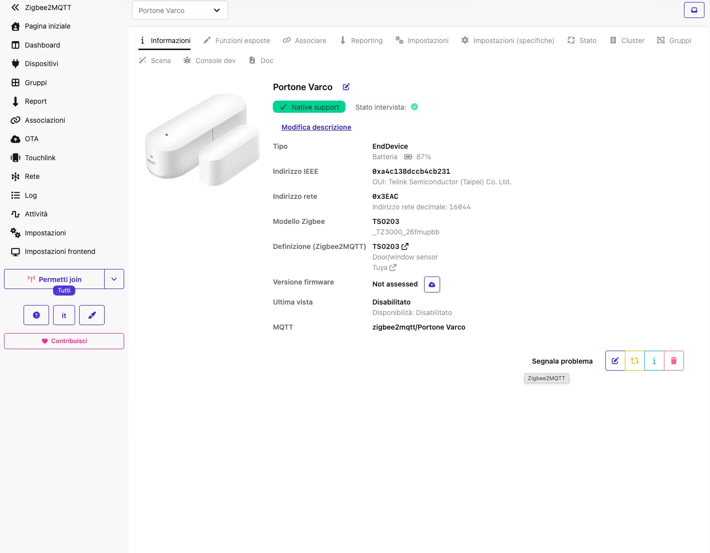 Scheda informazioni del sensore Portone Varco in Zigbee2MQTT