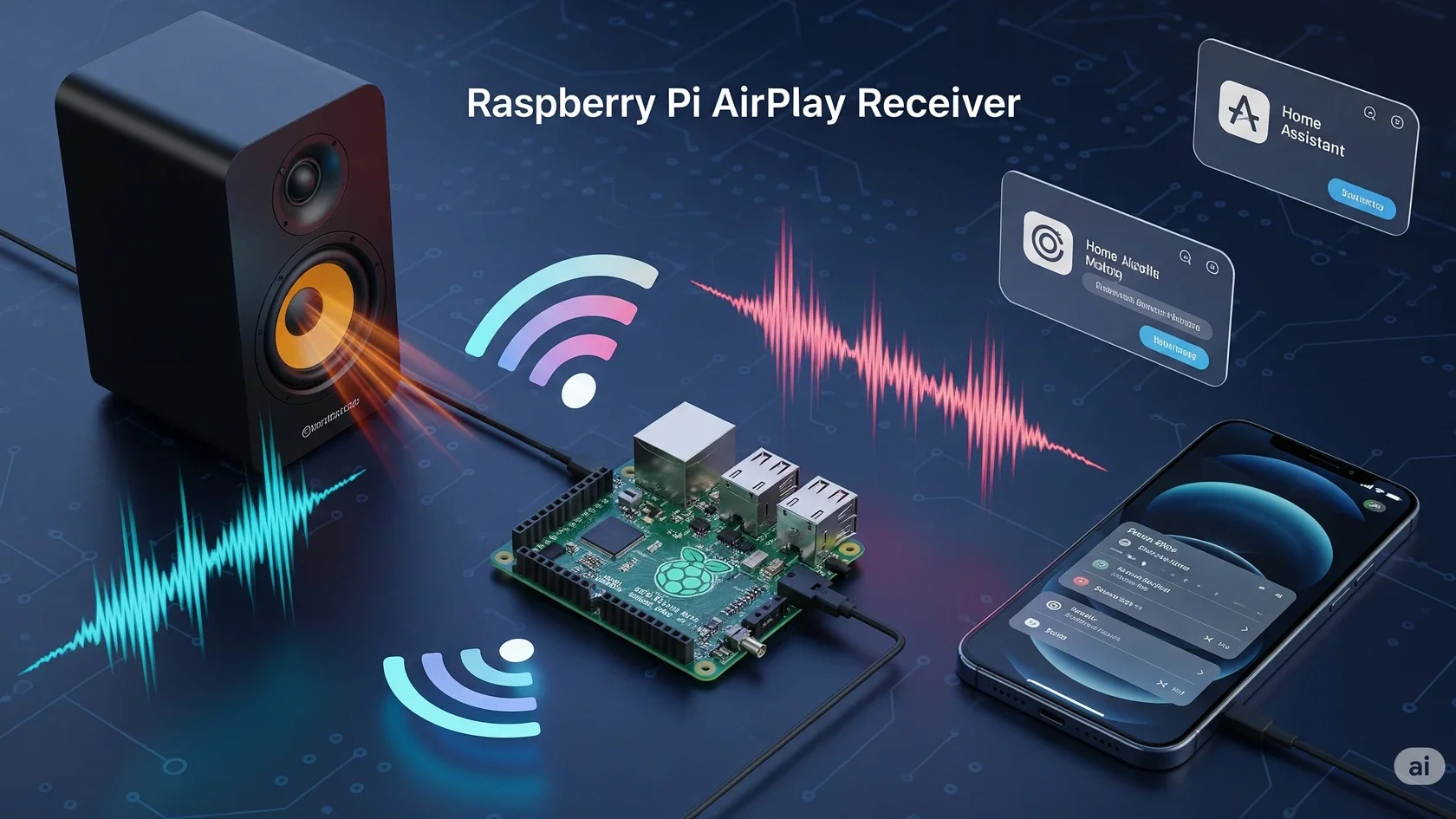 Cassa con collegamento AirPlay a Raspberry Pi e device phone che trasmette musica