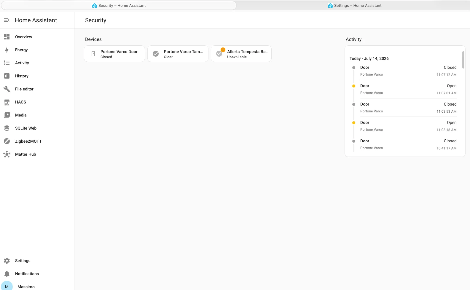 Dashboard Sicurezza di Home Assistant con la propria sidebar Attività limitata agli eventi di sicurezza