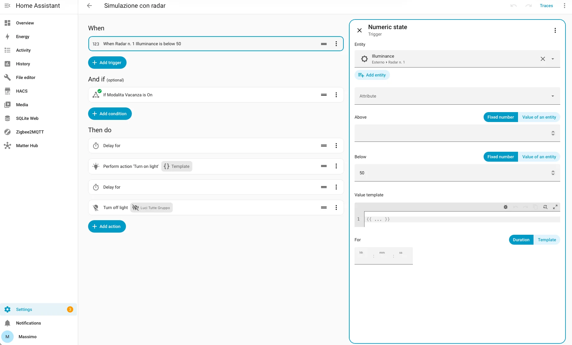 Automazione di simulazione presenza con trigger sulla luminosità nell'editor Home Assistant