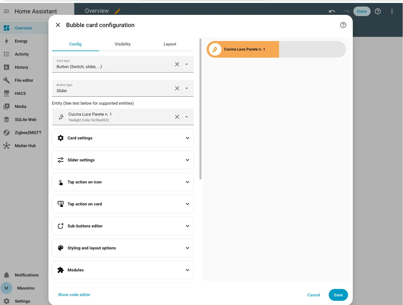Configurazione di un pulsante slider Bubble Card per regolare la luminosità
