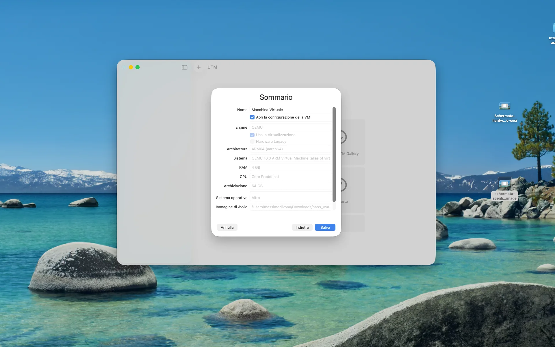 Schermata Sommario di UTM con riepilogo della configurazione VM e casella Apri la configurazione della VM spuntata