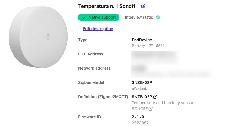 Scheda del sensore Sonoff in Zigbee2MQTT: modello SNZB-02P, sensore di temperatura e umidità, supporto nativo, batteria al 46%