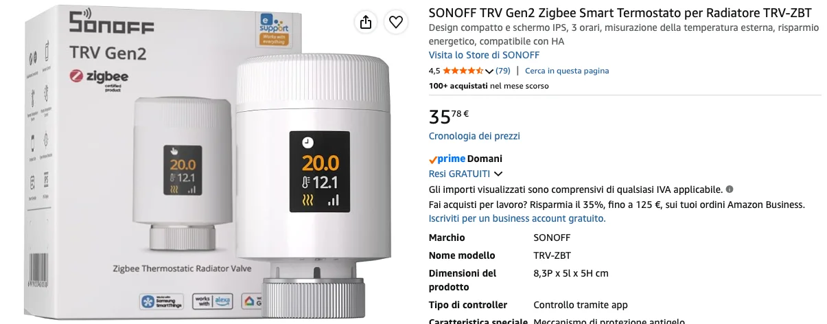 Scheda prodotto della Sonoff TRV Gen2, modello TRV-ZBT, valvola termostatica Zigbee a 35,78 euro