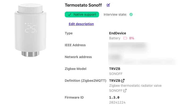 Scheda della valvola Sonoff in Zigbee2MQTT: modello TRVZB, Zigbee thermostatic radiator valve, supporto nativo, batteria all'8%