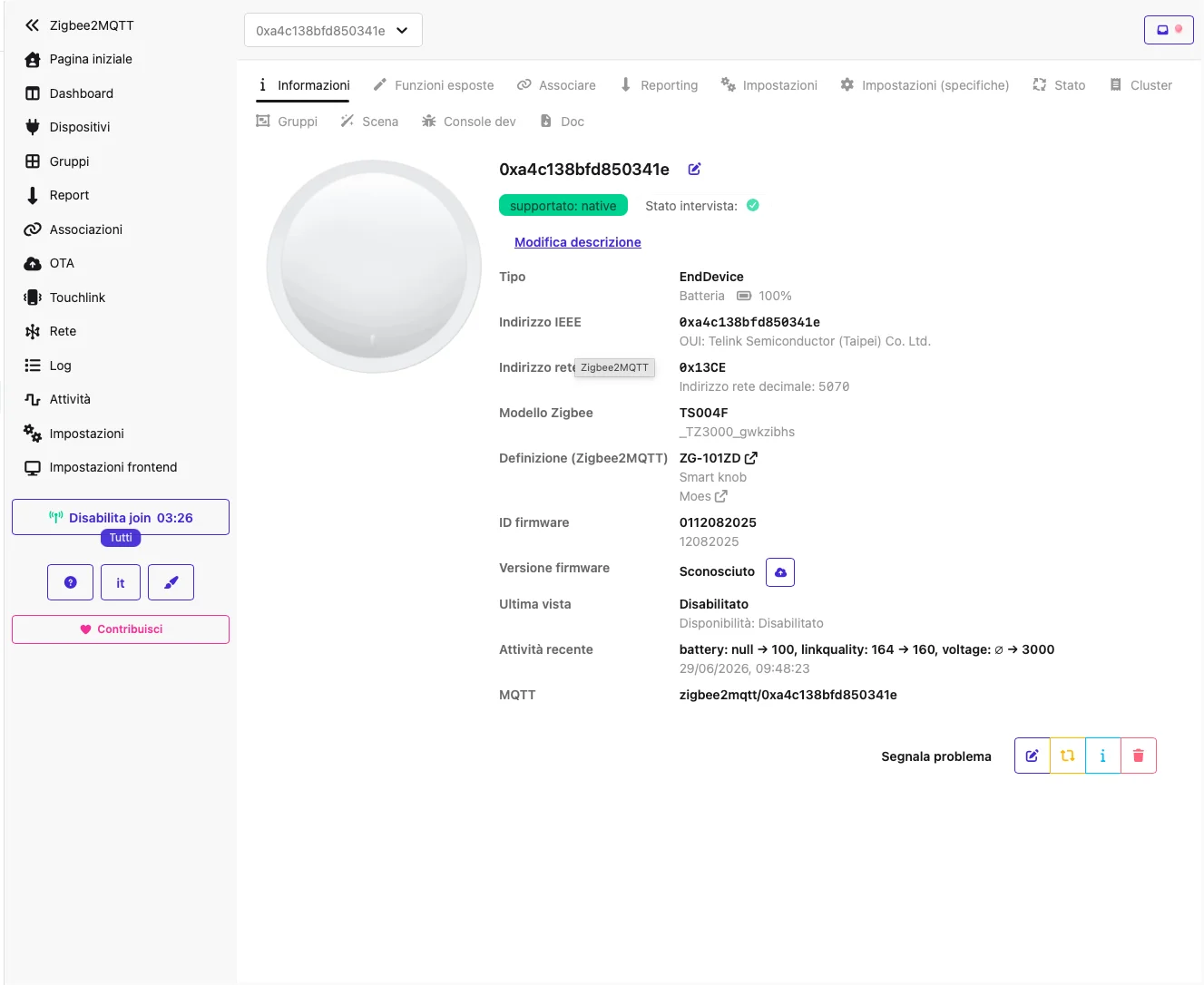 Tab Informazioni Zigbee2MQTT per la variante Moes del Tuya Smart Knob