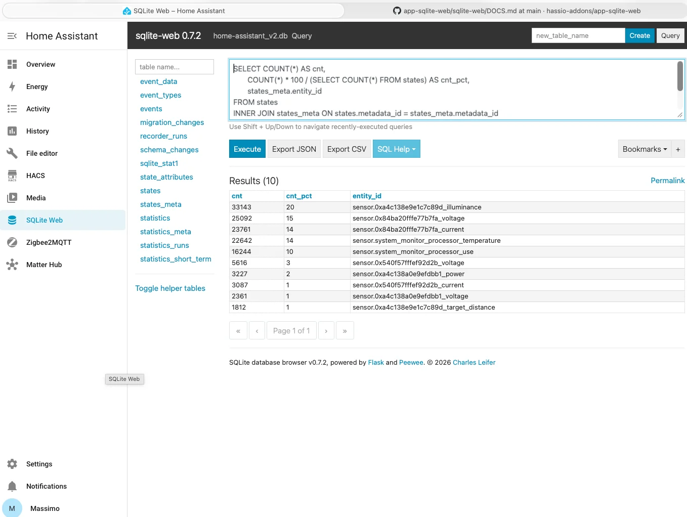 Risultato della query SQL sul recorder di Home Assistant con le dieci entità che scrivono di più sul database