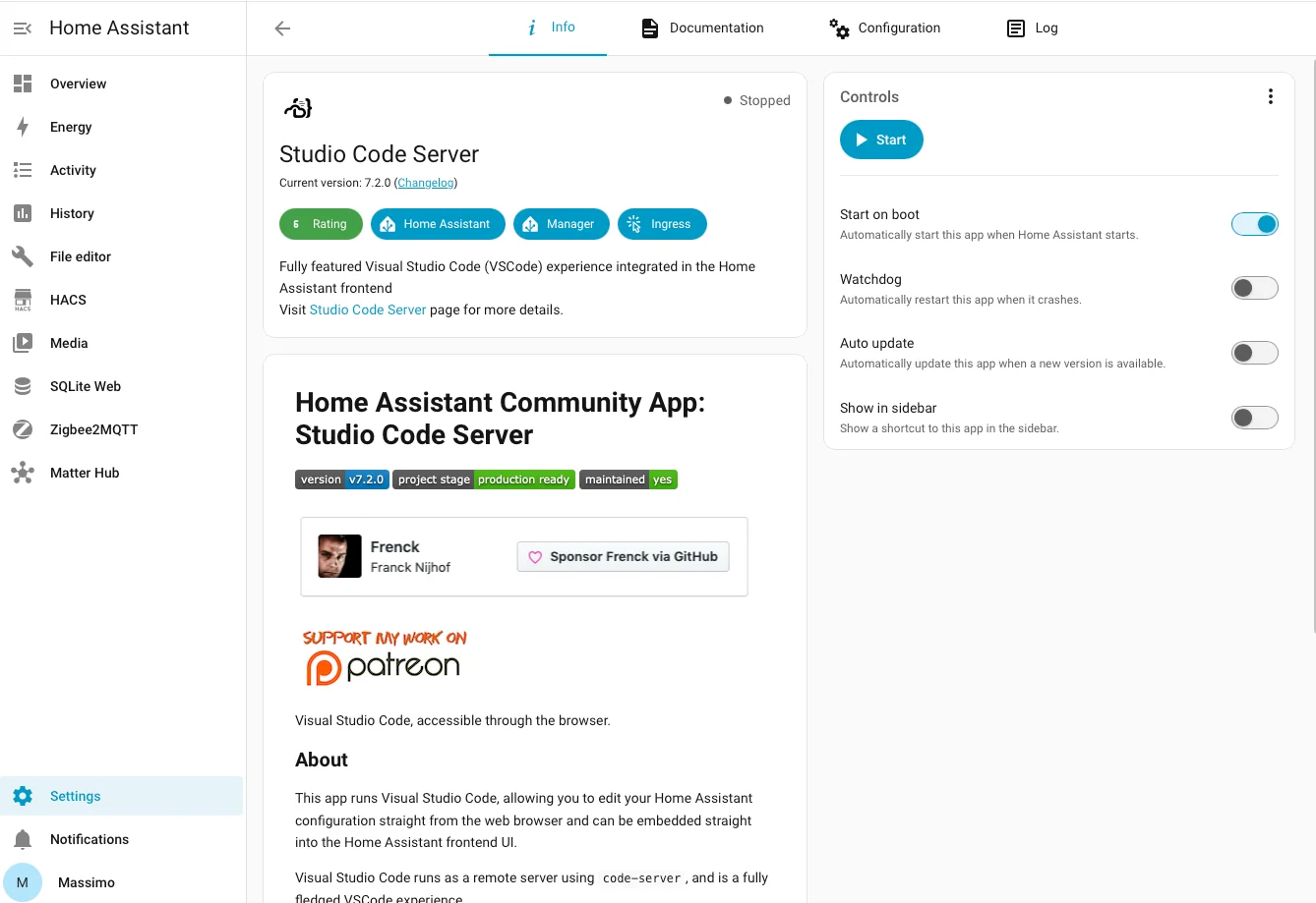 Studio Code Server in Home Assistant con l'autocompletamento delle entità nel file configuration.yaml