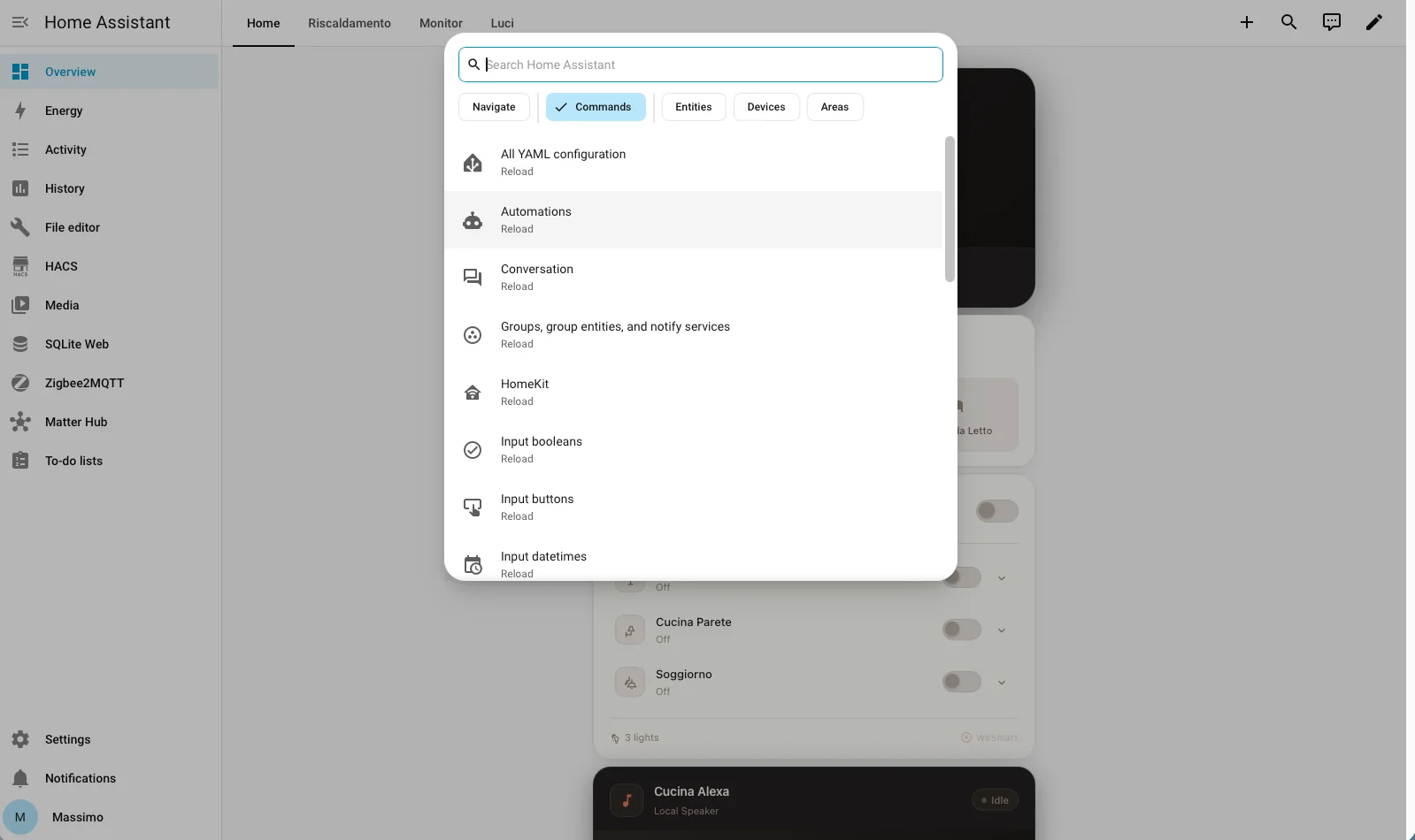 Quick Search filtrata sui comandi con il tasto C