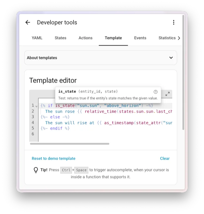 L'editor template di Home Assistant ora con autocomplete contestuale per funzioni, entità, aree e label