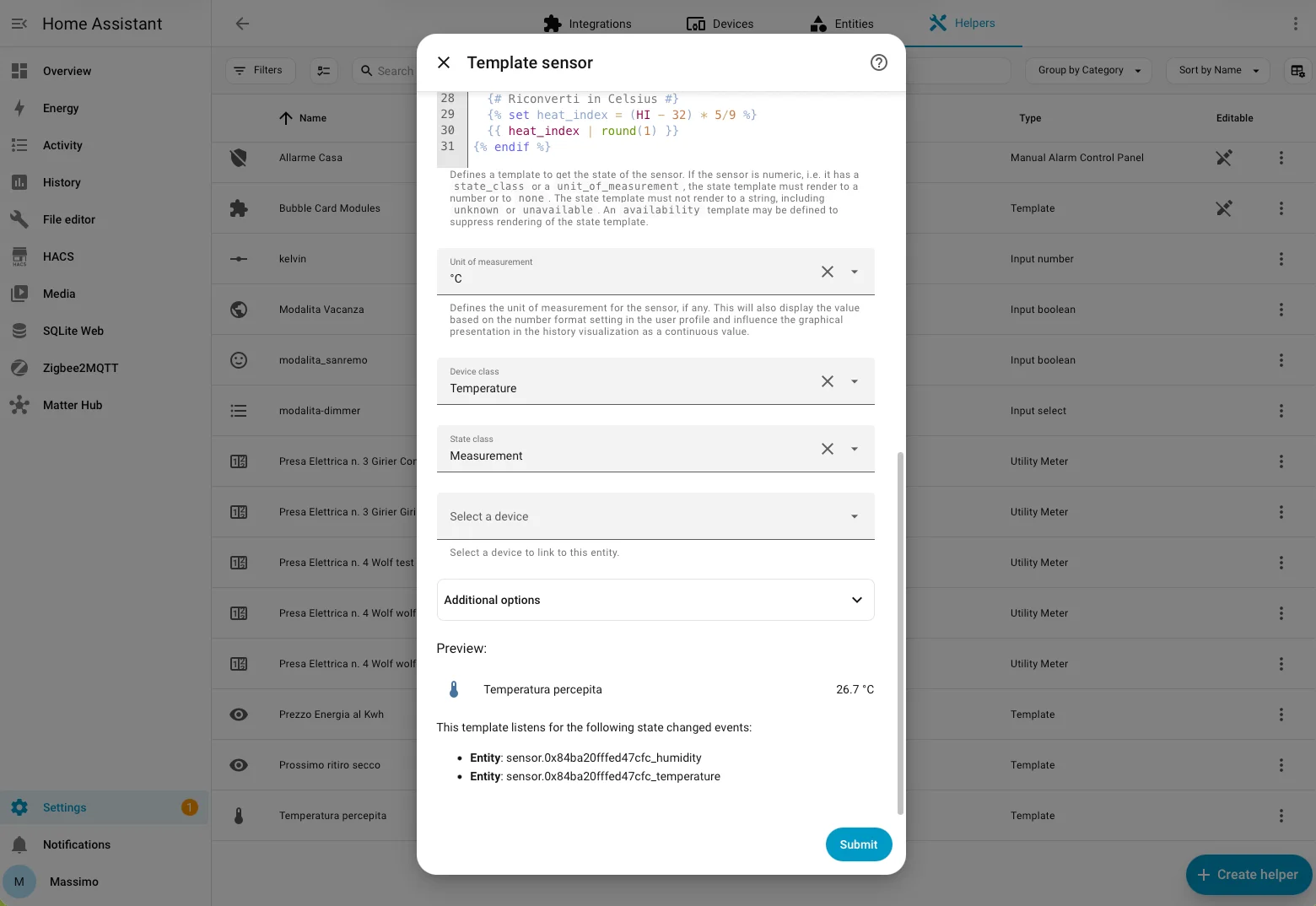 Anteprima dell'helper Template Temperatura percepita: valore calcolato 26,7°C