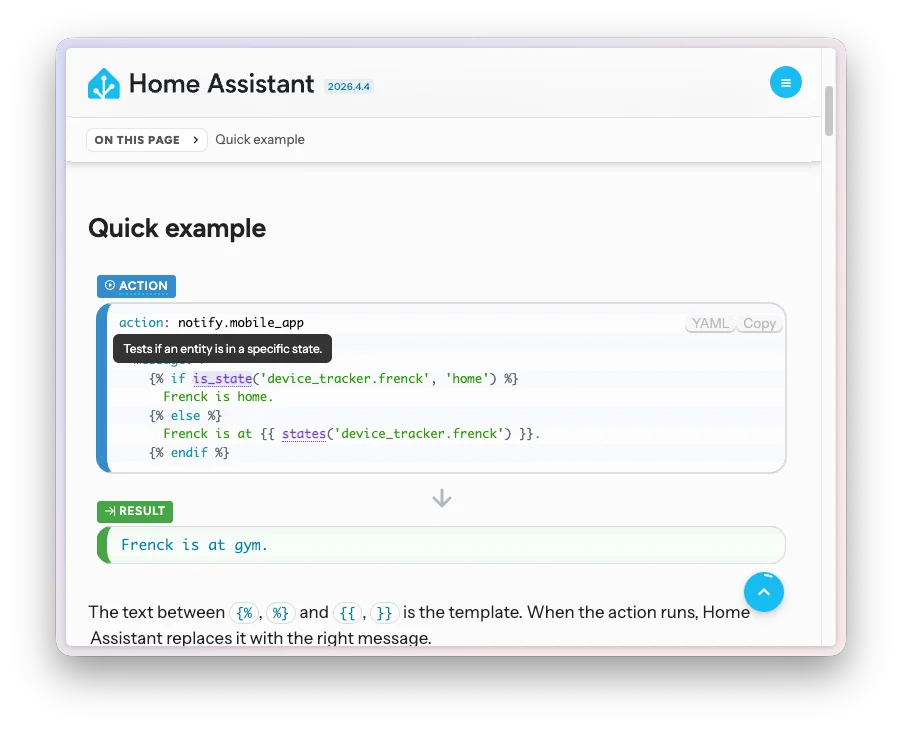 La nuova documentazione templating con tooltip interattivi sui codici di esempio