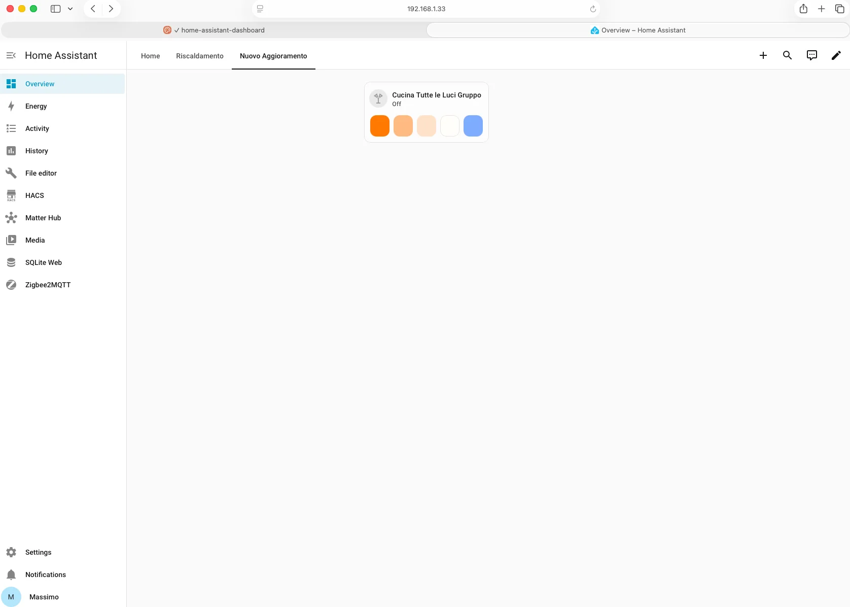 Tile card Light color favorites aggiunta al dashboard Home Assistant con i colori preferiti della cucina