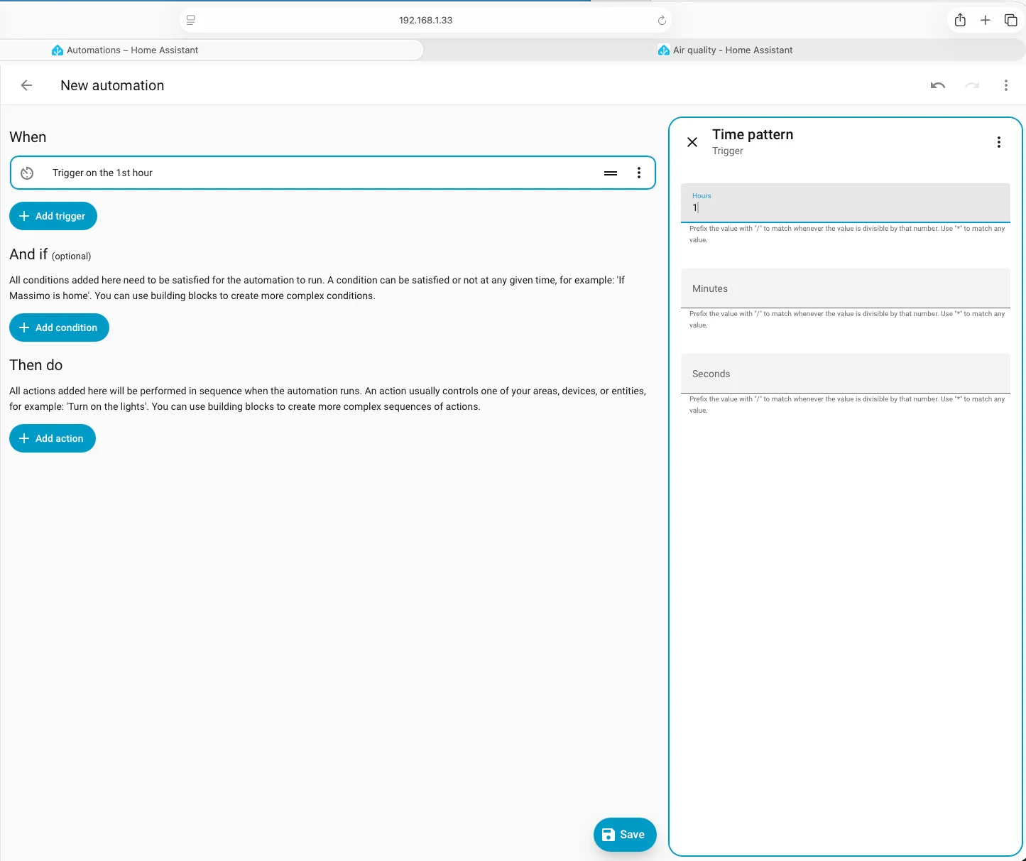 Trigger Time Pattern in Home Assistant configurato per scattare ogni ora