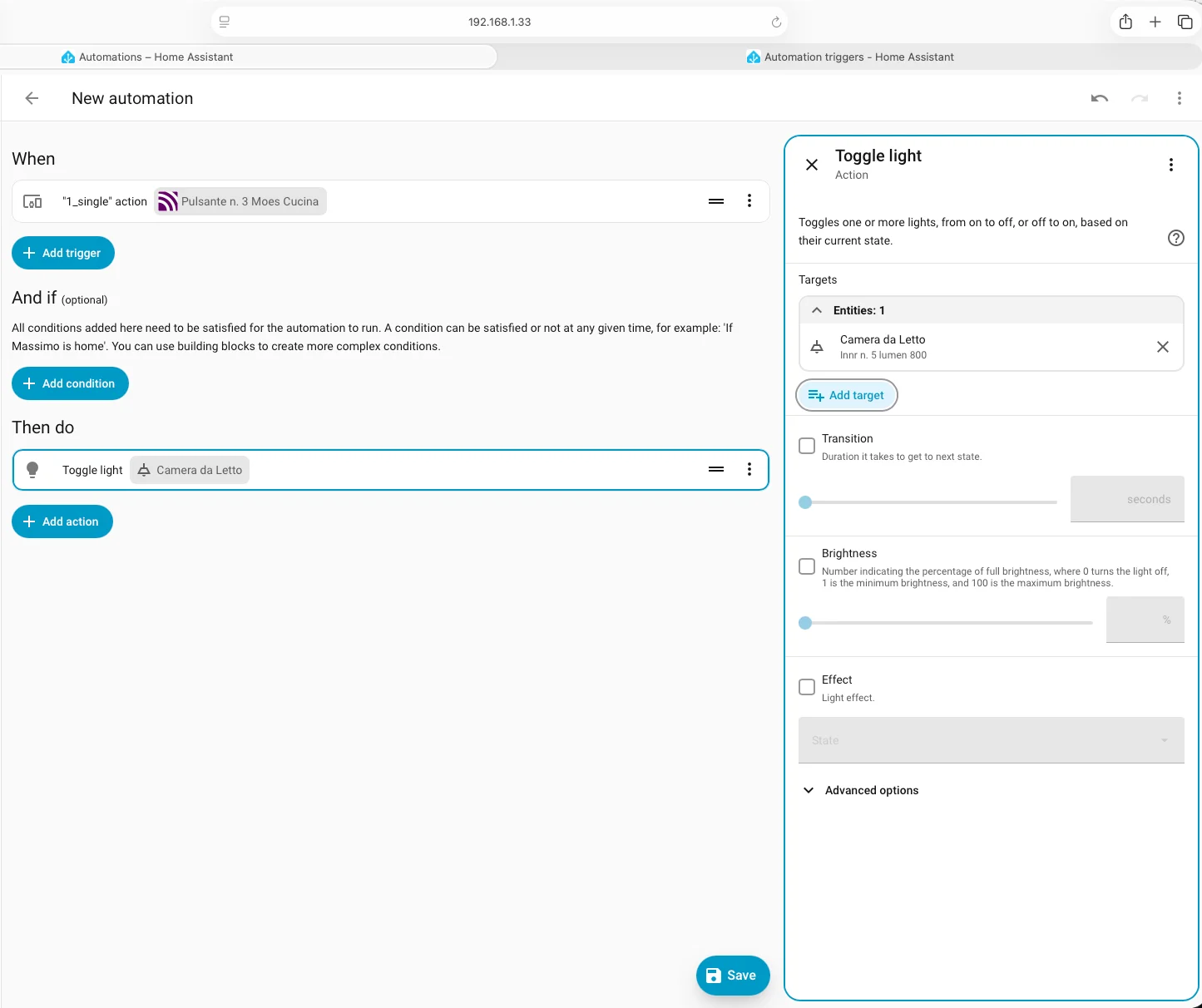 Automazione completa con toggle light su Camera da Letto nell'editor visuale Home Assistant