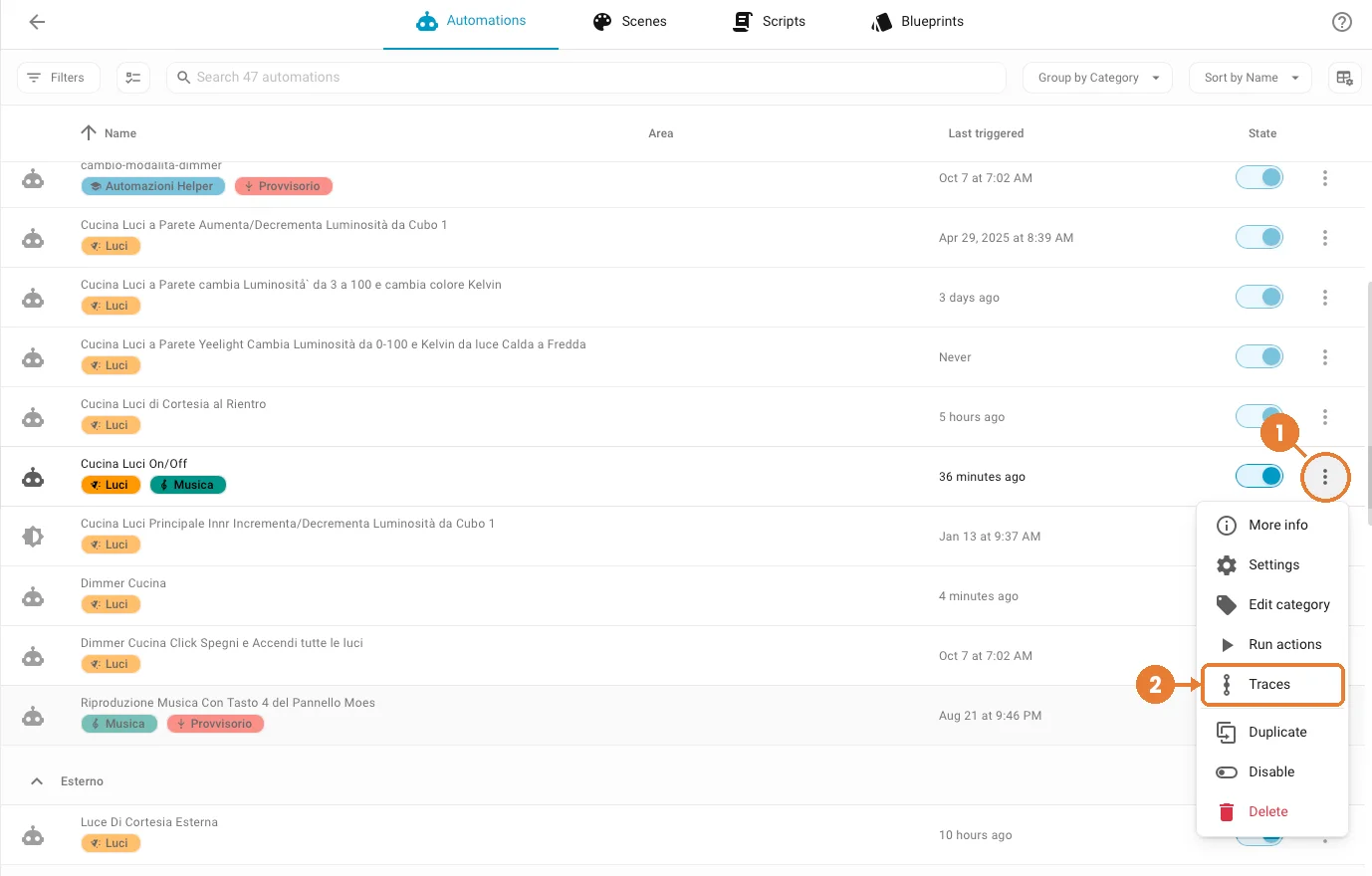 Menu della lista automazioni di Home Assistant con la voce Traces evidenziata