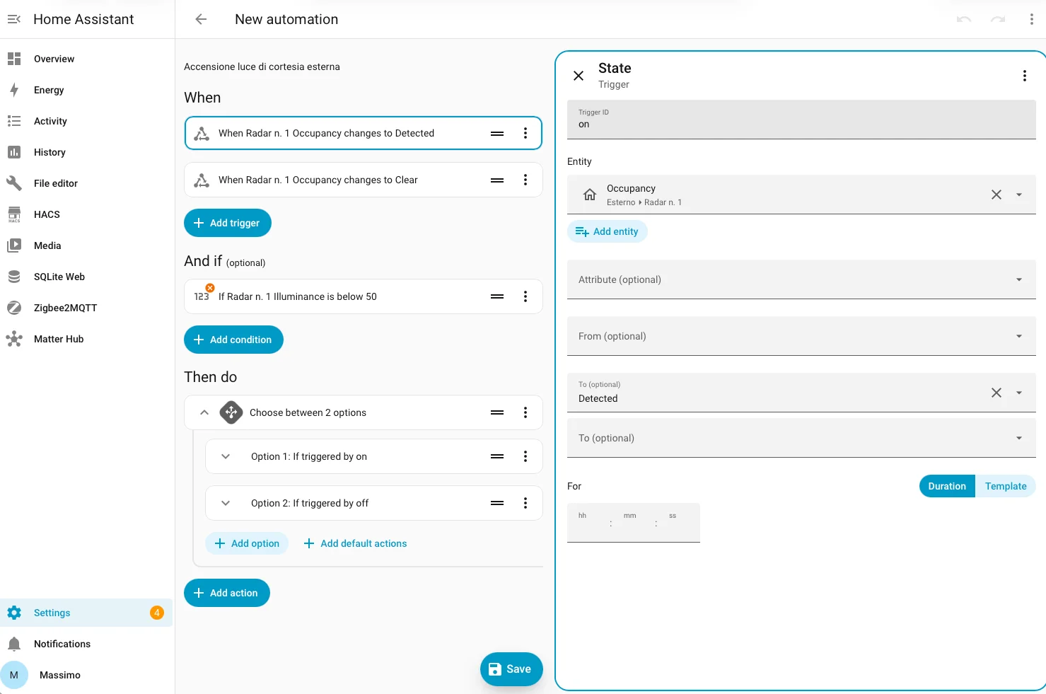 Editor dell'automazione con il trigger di stato e il campo Trigger ID valorizzato a on