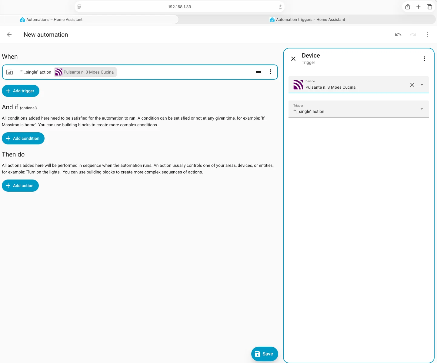 Pannello configurazione trigger device per pulsante Moes Zigbee in Home Assistant