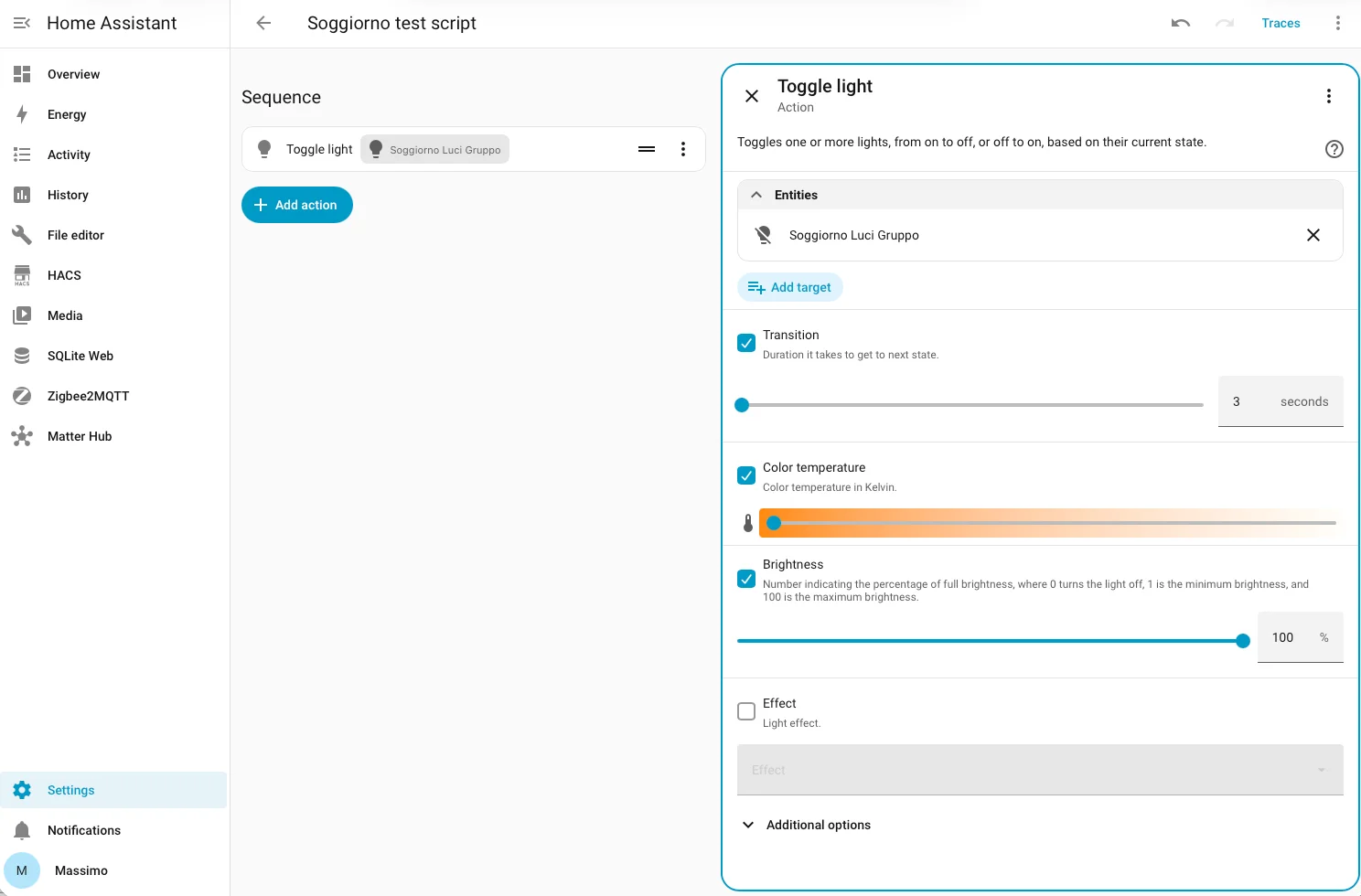 Editor di un nuovo script vuoto, pronto per la prima azione