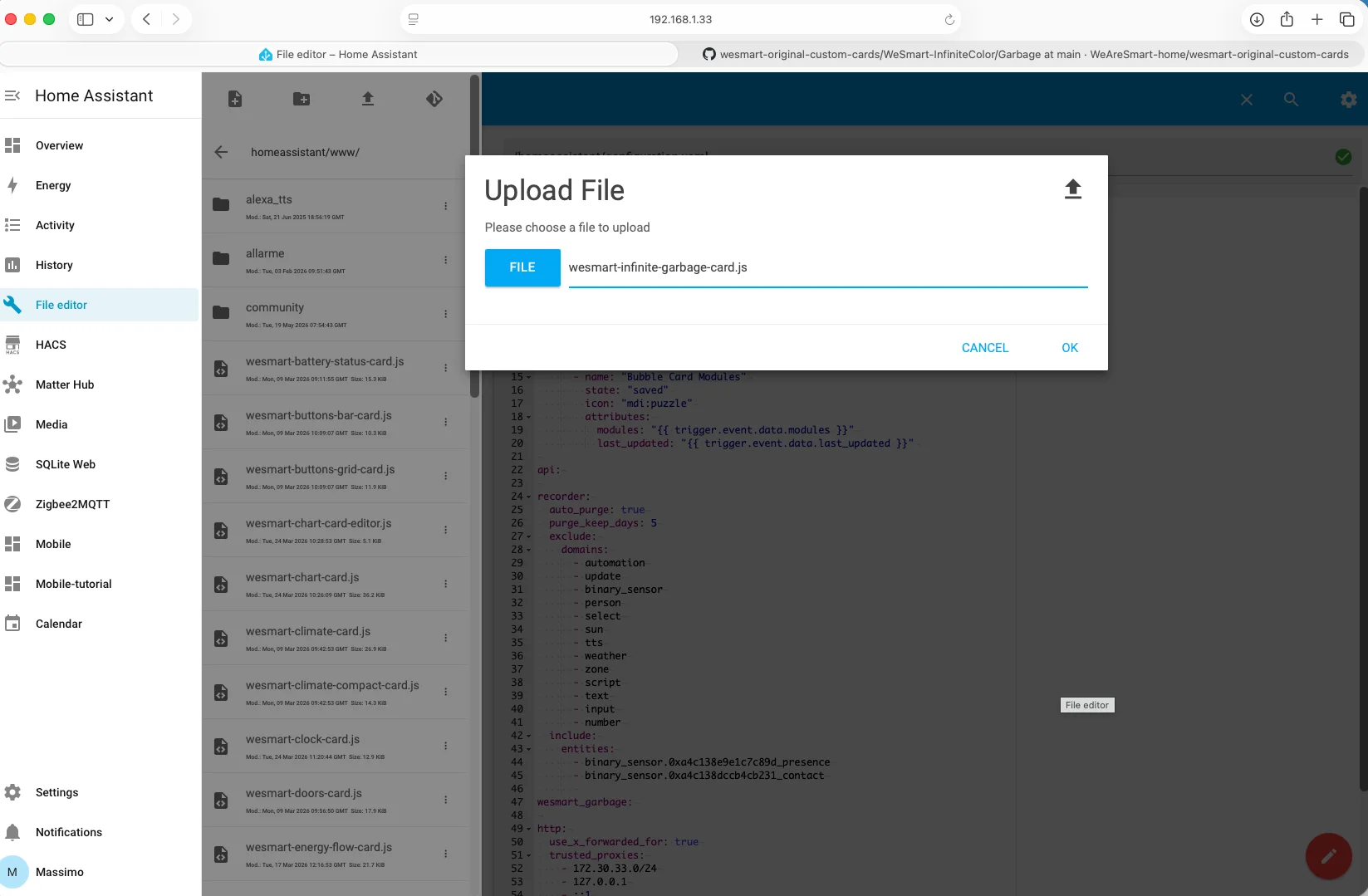 Upload del file card in /config/www con File editor