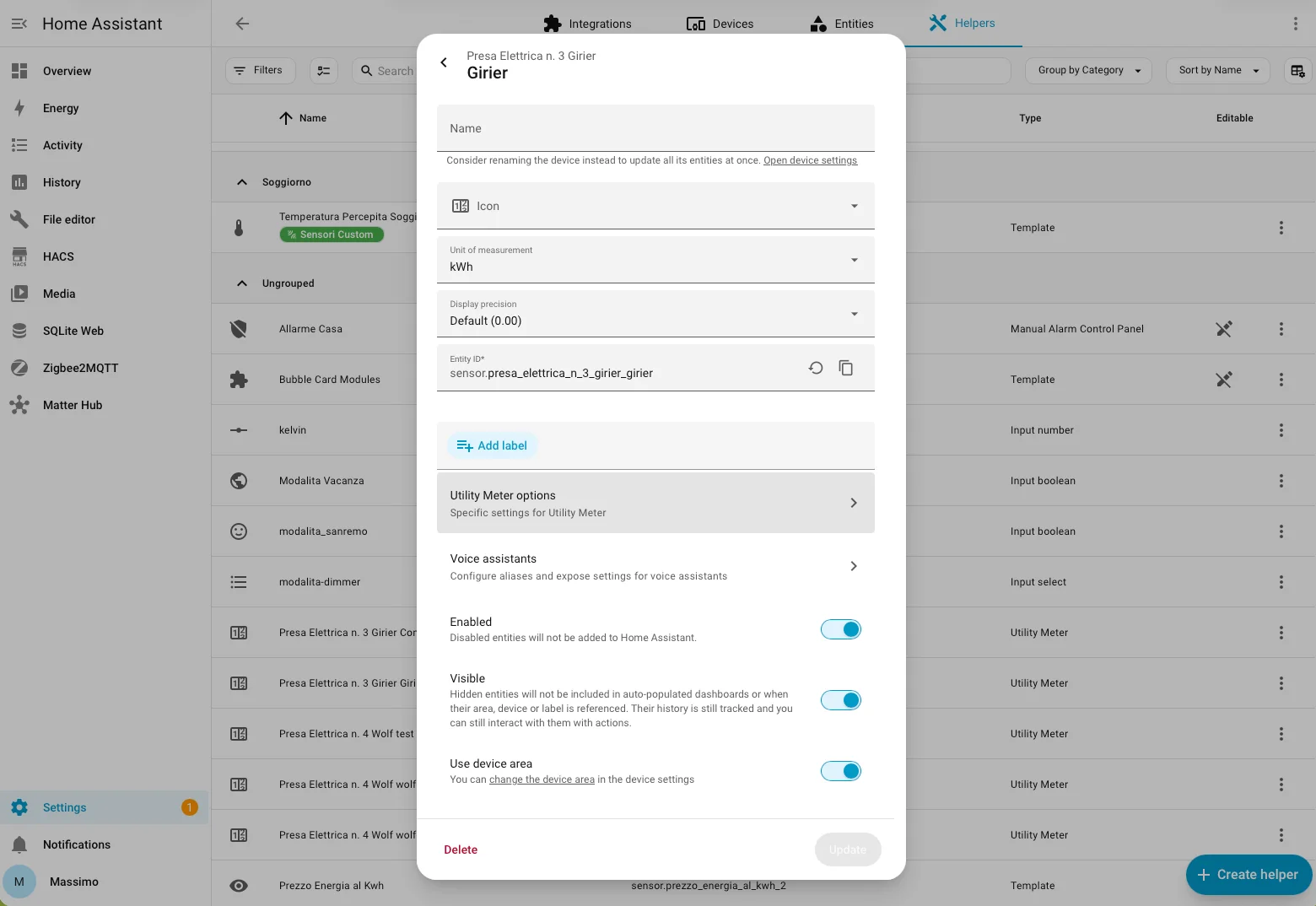 Configurazione di un helper Utility Meter da interfaccia, completamente modificabile