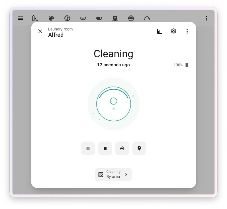 Il nuovo more-info del robot aspirapolvere: animazione live, batteria nell'header, Cleaning by area