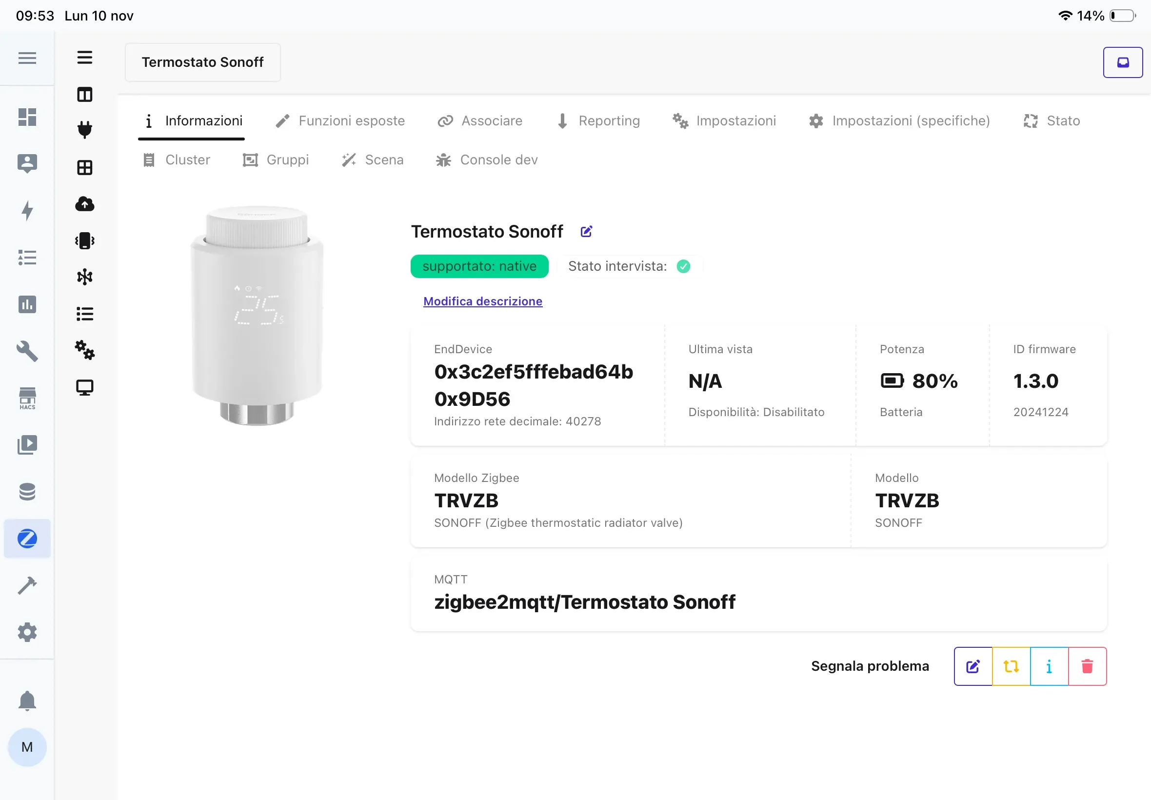 Scheda della valvola Sonoff in Zigbee2MQTT: modello TRVZB, supportato native, stato intervista completato, batteria all'80% e firmware 1.3.0