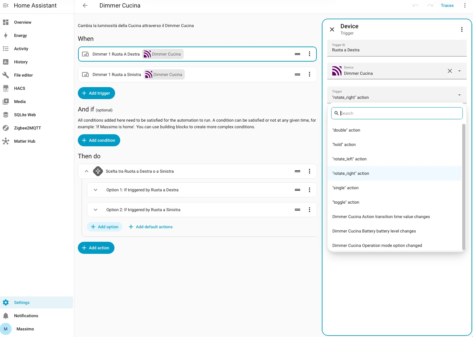 Azioni disponibili in Home Assistant per la variante Moes del knob