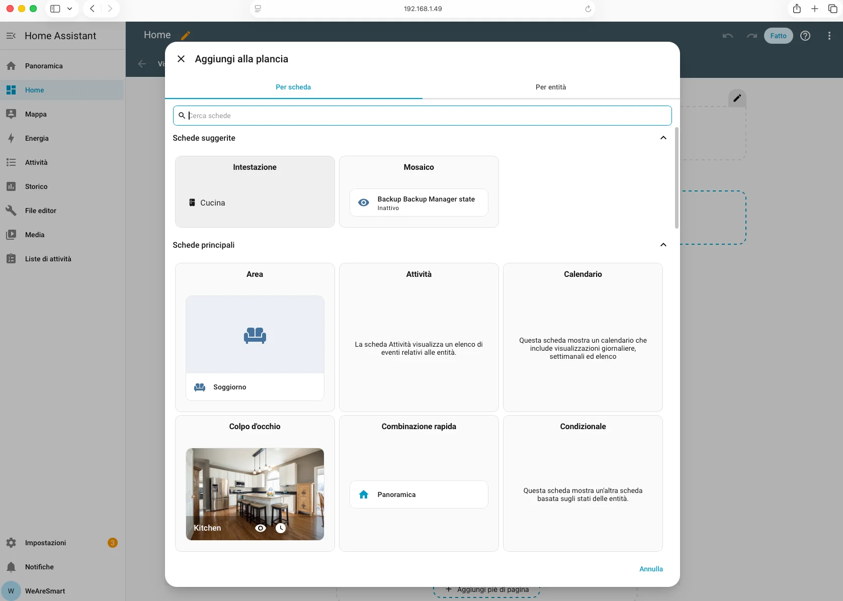Il vecchio sistema per aggiungere card al dashboard di Home Assistant: lista per tipo di scheda in italiano