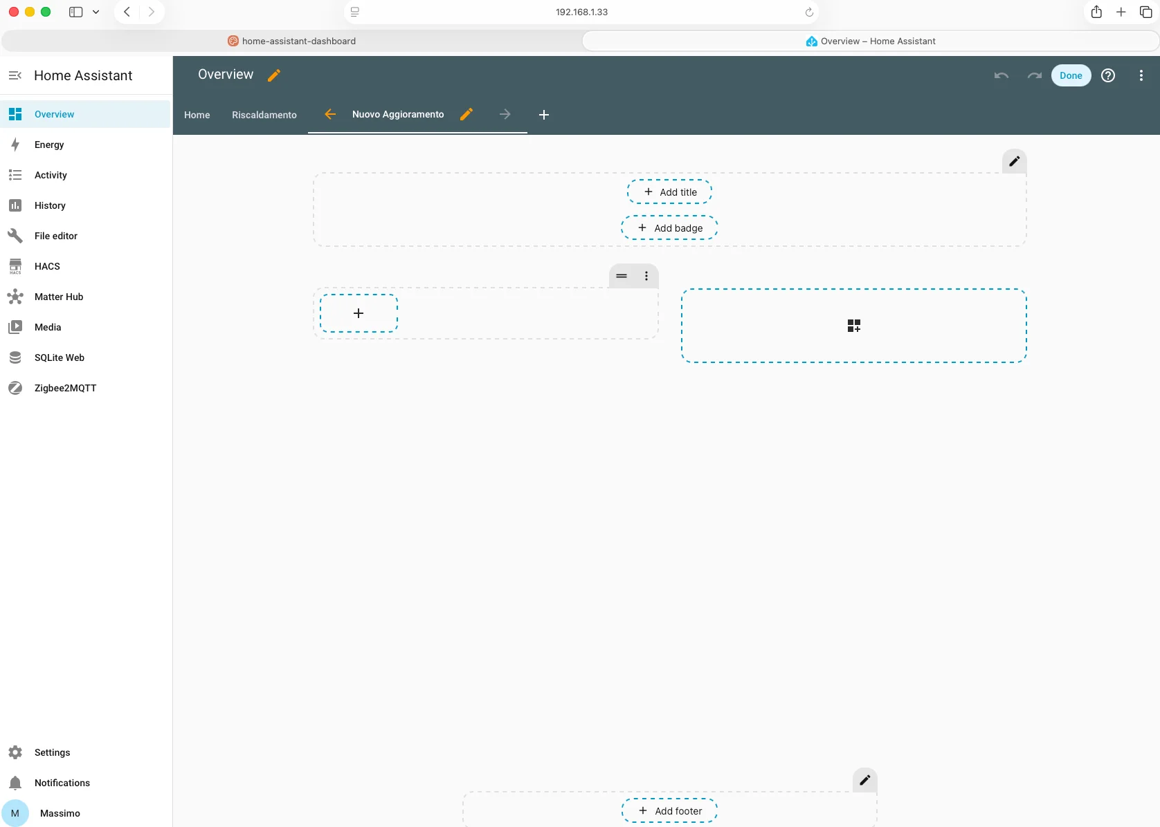 Vista del dashboard Home Assistant in modalità modifica con sezioni e pulsante + per aggiungere card